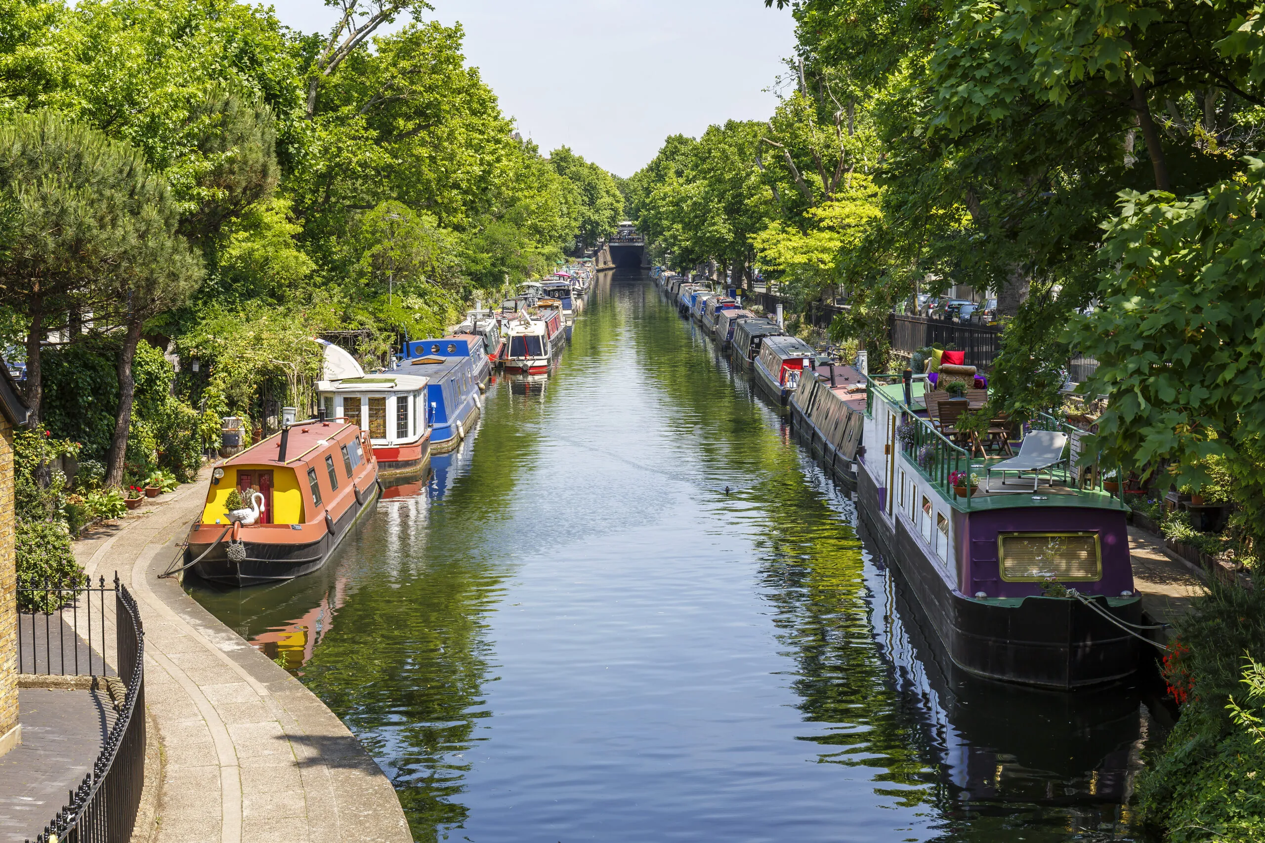 Narrow boats moored at Regent’s Canal in Little Venice London