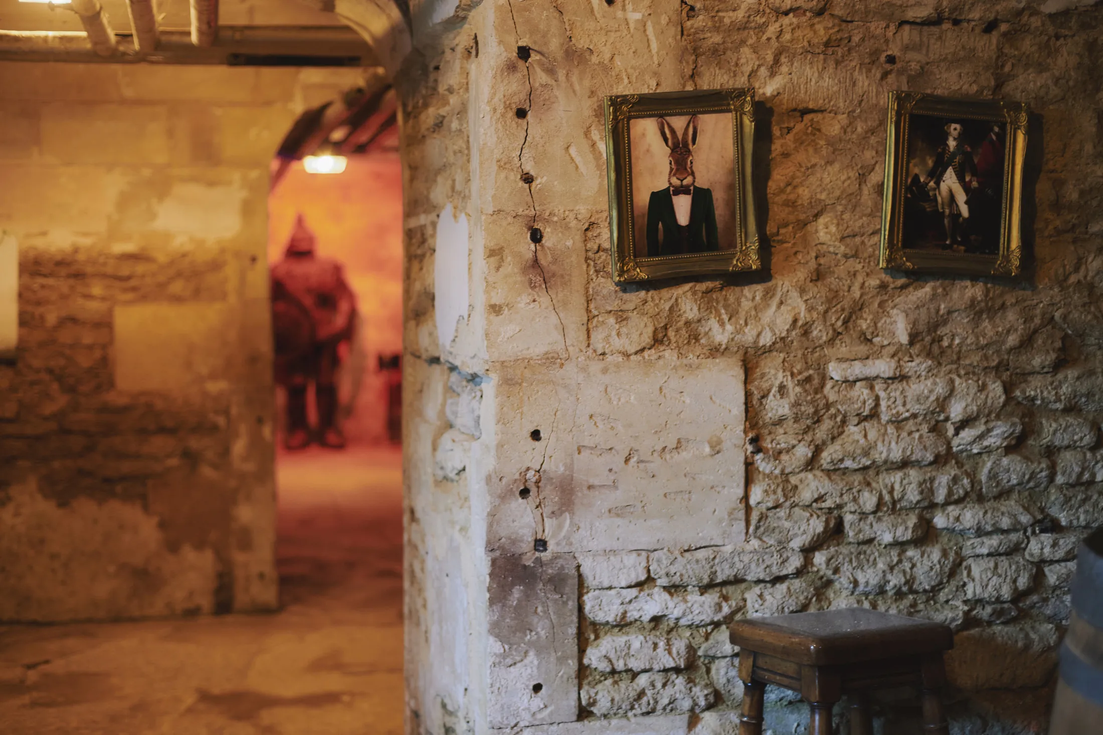Vaulted stone cellar adorned with whimsical animal portraits at Havenwood, a Domus Stay luxury getaway in The Cotswolds.